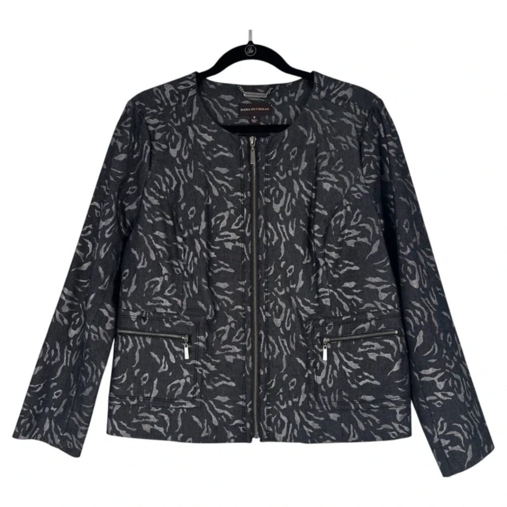 Dana Buchman Womens Blazer Size 16 Black W/ Silver Animal Print Full Zip Pockets